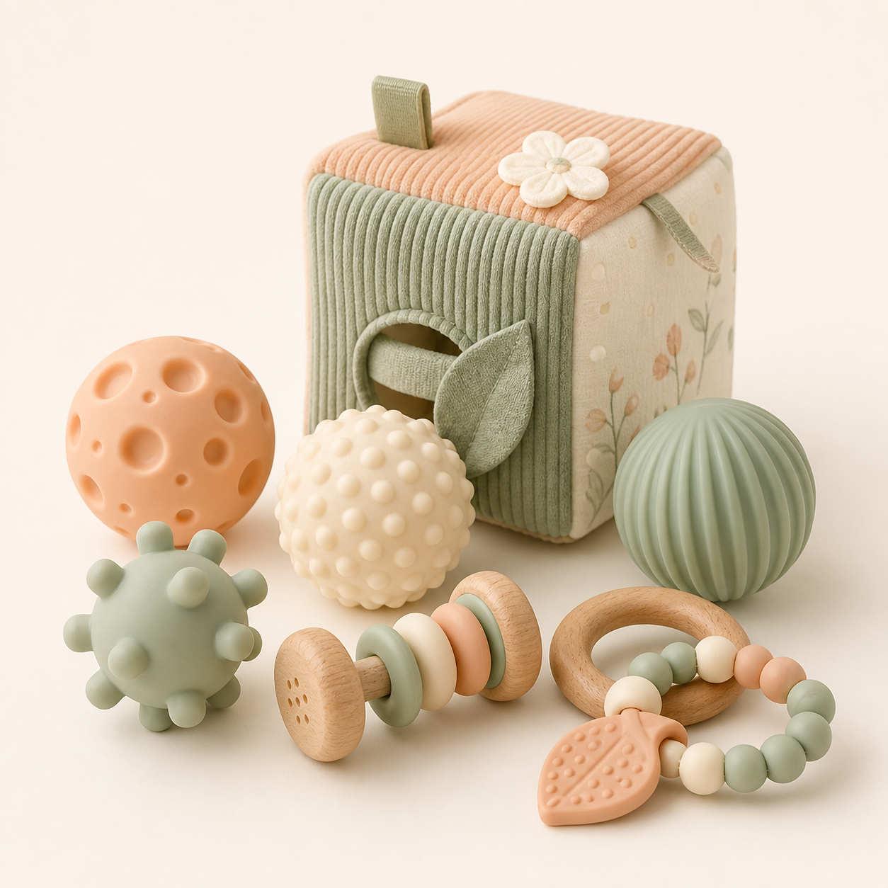 Mumzo Sensory Toy Set in sage mint and cream