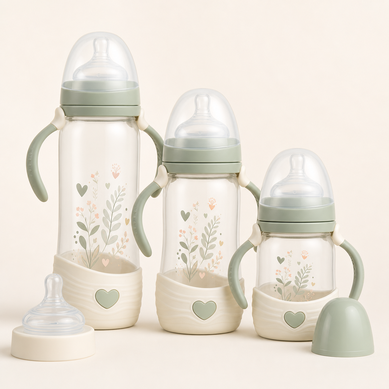 Mumzo Anti-Colic Feeding Bottle Set in sage mint and cream