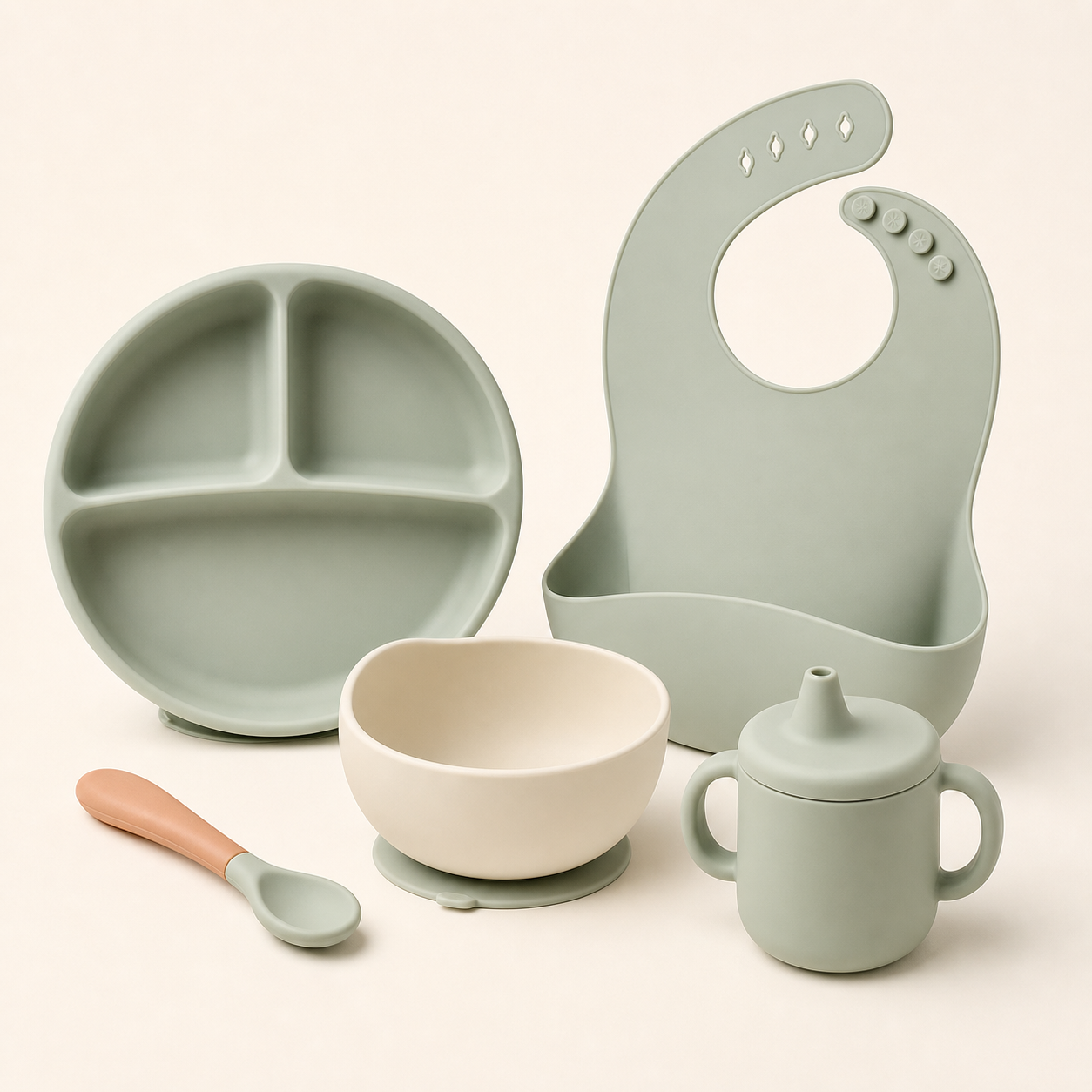Mumzo Silicone Feeding Set in sage mint and cream