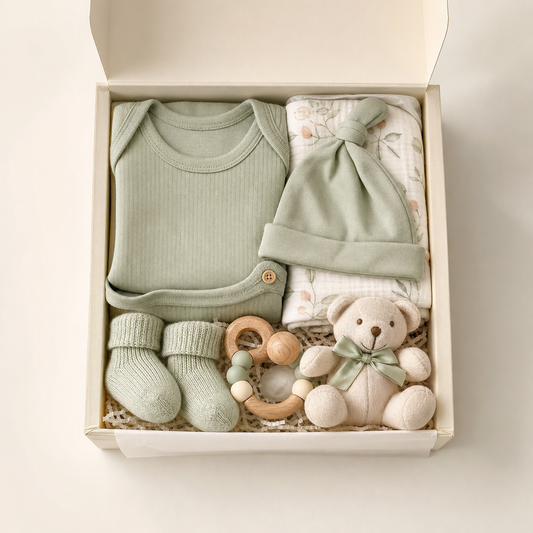 Mumzo Newborn Essentials Gift Set in sage mint and cream