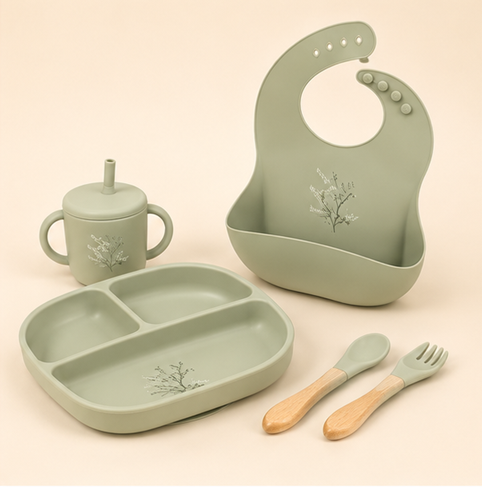 Mumzo Meadow Silicone Feeding Set – Sage Green
